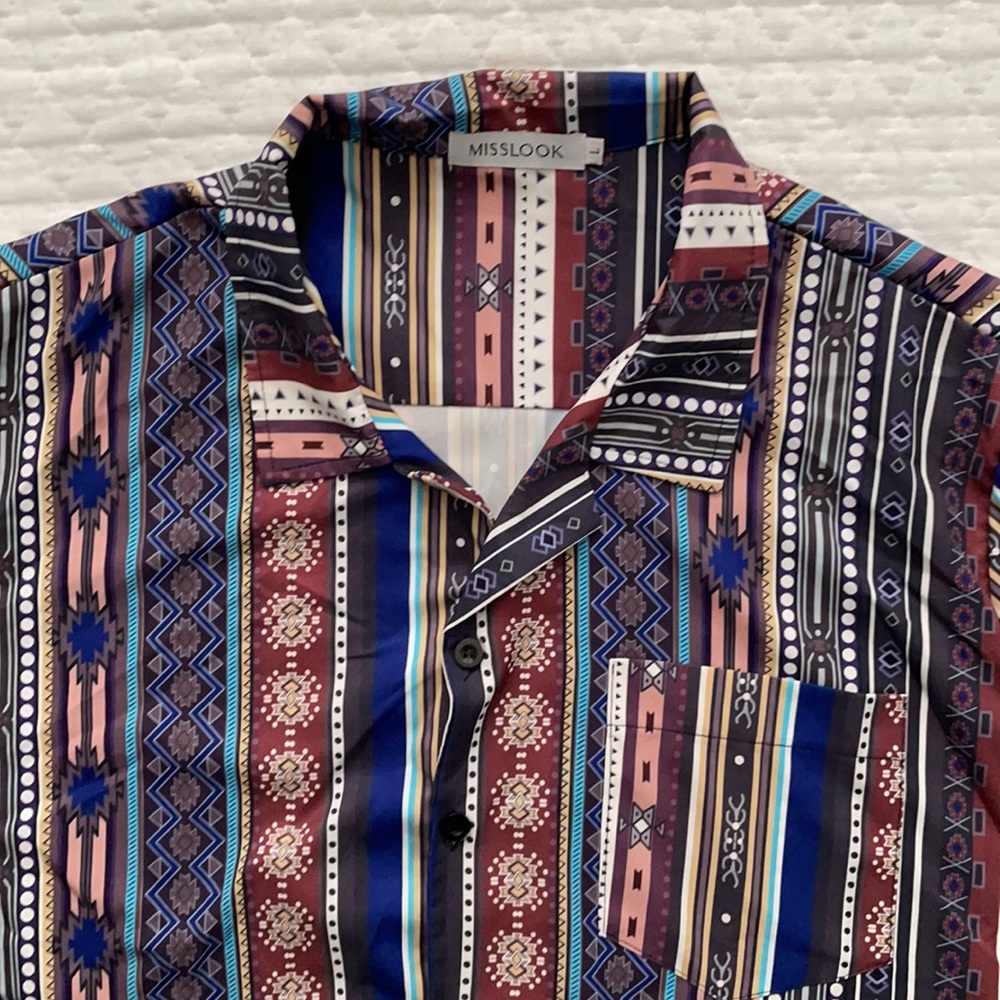 MissLook Short Sleeve Shirt Cotton Blend Geometric Pattern Vacation Shir…